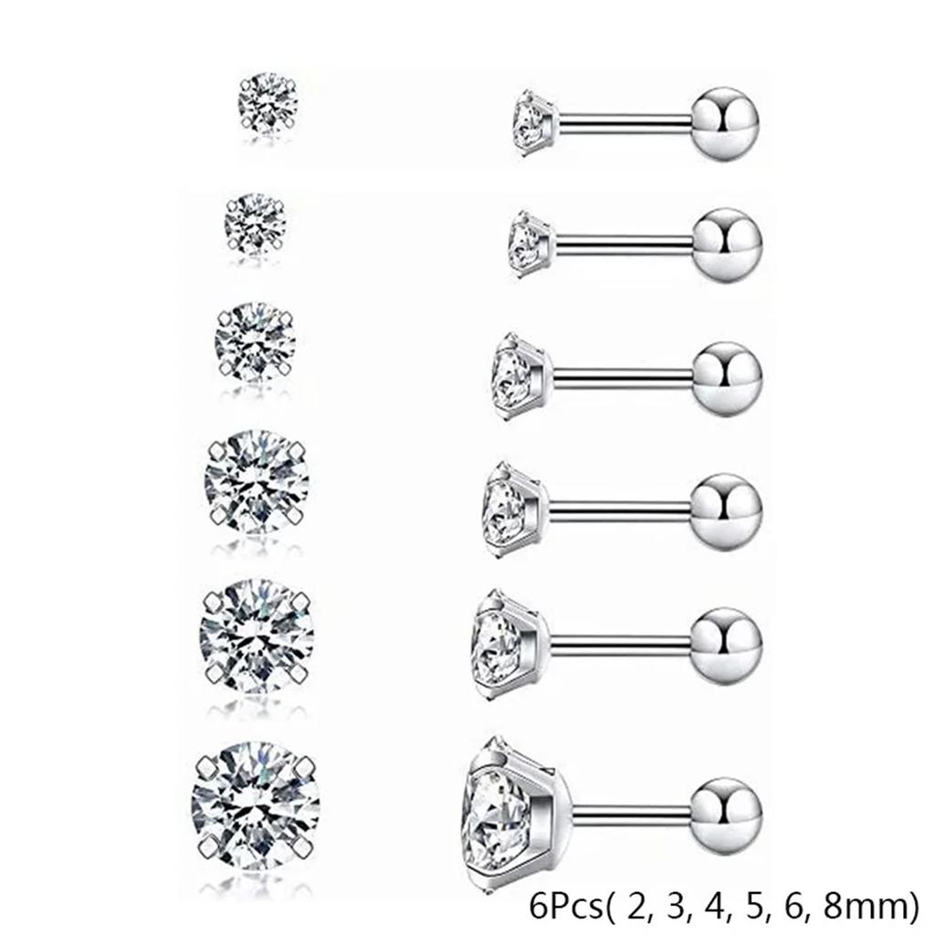 2/6/12pcs 20G Inlaid Cubic Zirconia Stud Earrings,Stainless Steel Screw Back Barbell Studs Daith Tragus Cartilage Earrings