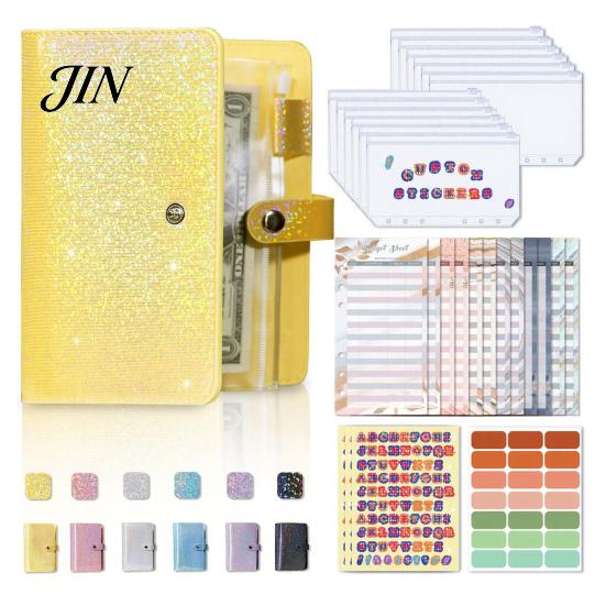Budget Classification Card Slot A6 Planner Notebook, Glitter Cash Tracker Journal, Financial Loose-leaf Organizer with Dividers for Expense Tracking,