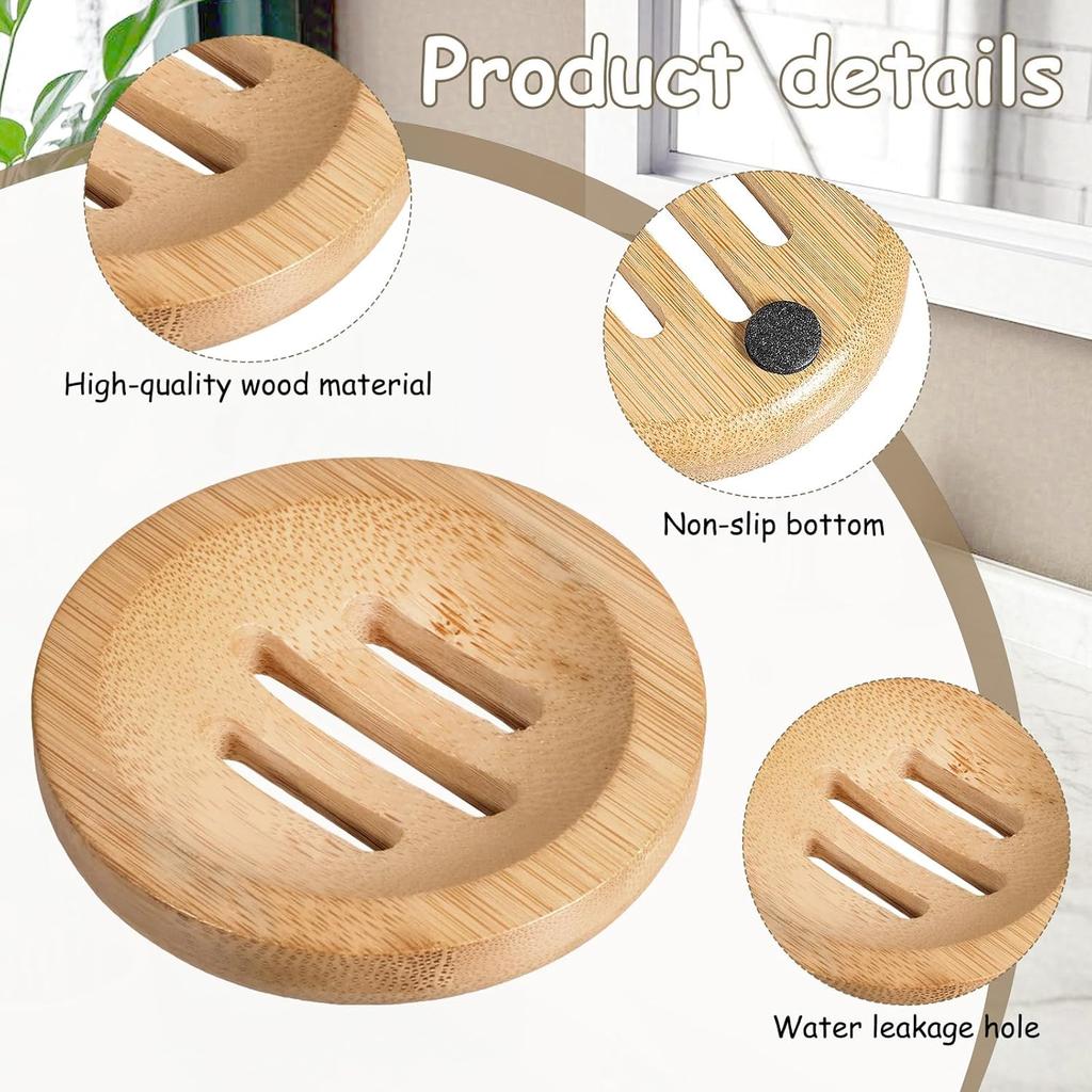 Bamboo Soap Dish, 2 Pcs Round Wooden Soap Holder Natural Wood Soap Tray Self Draining Soap Dish for Bathroom Shower Kitchen Sink