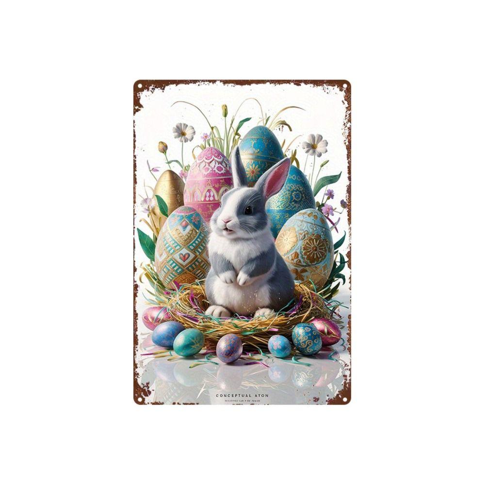 Tin Sign Retro Easter Rabbit Floral Wall Art Home Holiday Decor Metal Poster
