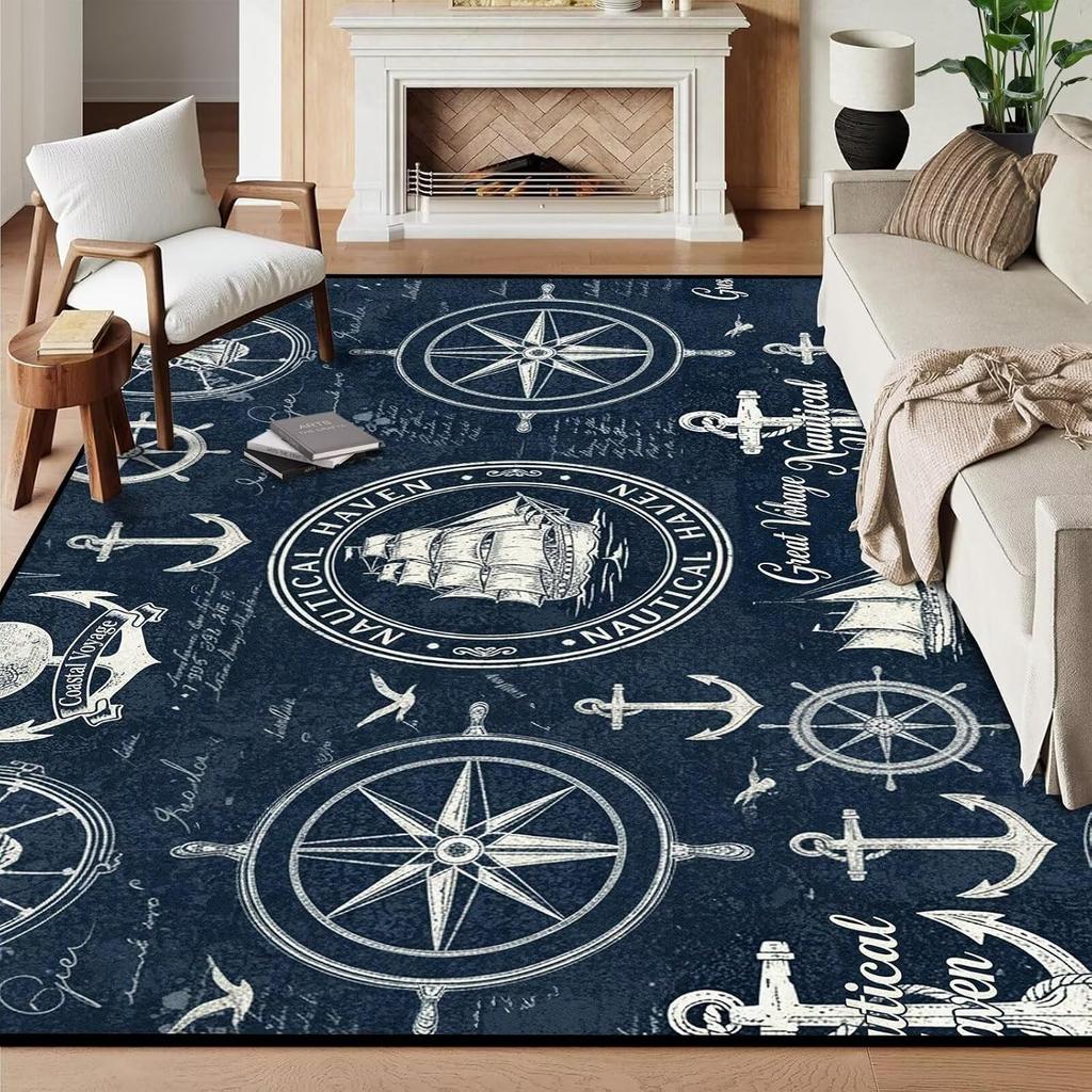 Dark Navy Nautical Rug, Anchor Ship Wheel Vintage Sailing Marine Pattern,Non-Slip Washable Mat for Living Room Sofa Dining Decor