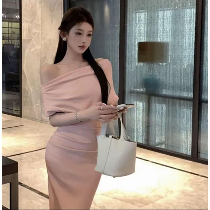 French Swing Collar Slanted Shoulder High Waist Dress Summer New Irregular Design Pleated Temperament Long Dress Women