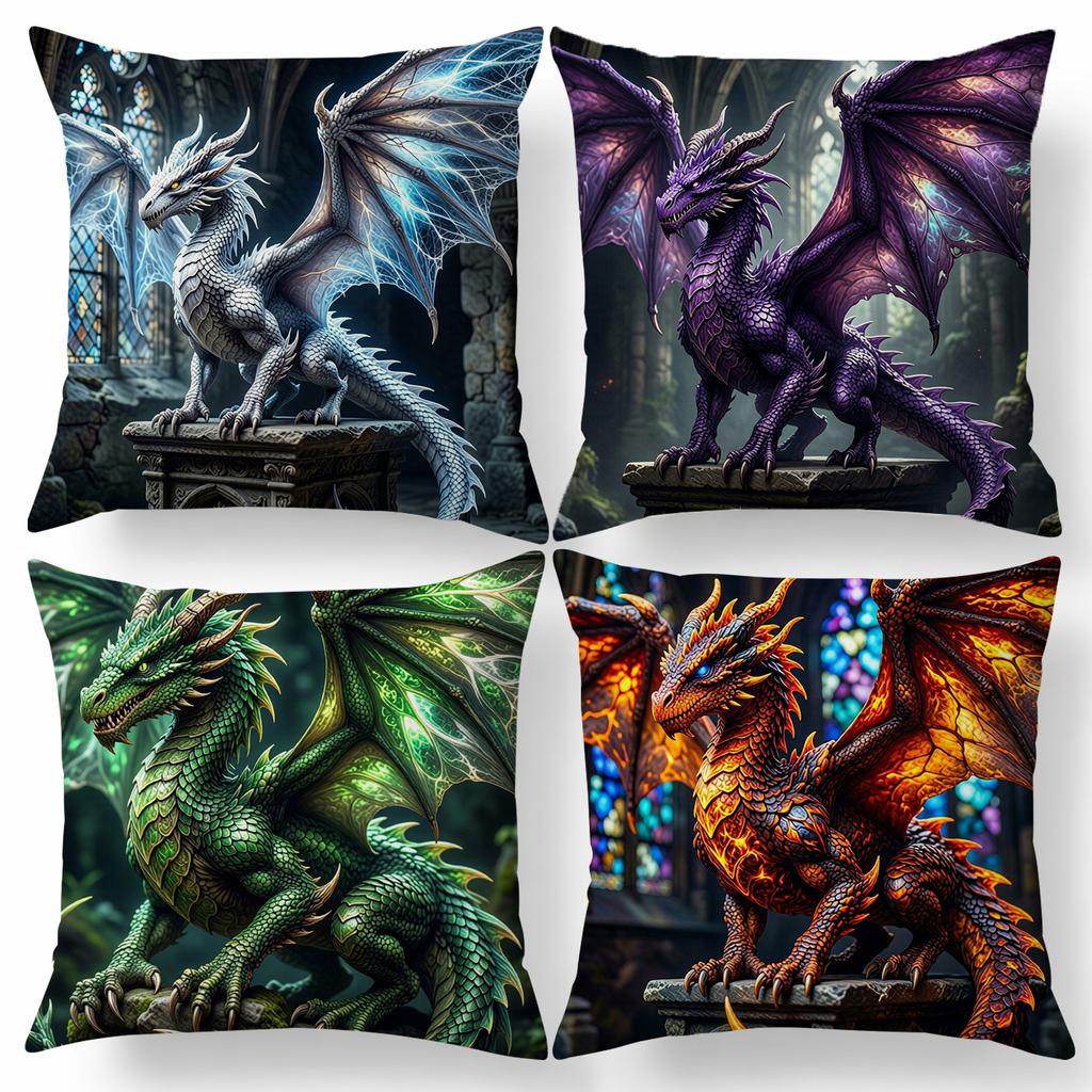 4pcs Fantasy Style Home and Kitchen Supplies, Bedding, Home Decor with Multicolored Dragon Pattern Printed Pillow Covers, Suitable for Halloween, Part