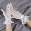 1 Pair Women Prom Gloves See-through Lace Bow Rhinestone Decor Hollow Out Fishnet Ruffle Edge Thin Full Finger Performances Bride Wedding Glove