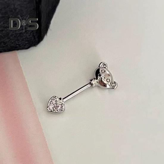 1 PC Boucles d'oreilles à clous Ours de dessin animé et forme de cœur Zircone cubique brillante Boucles d'oreilles pour cartilage pour les soirées en club Anneau de nez sans pas de vis