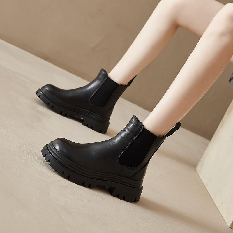 Short Boots Women's Leather Thick-soled Ins Cigarette Boots Chelsea Women's New Year-old High and Thin Martin Short Boots
