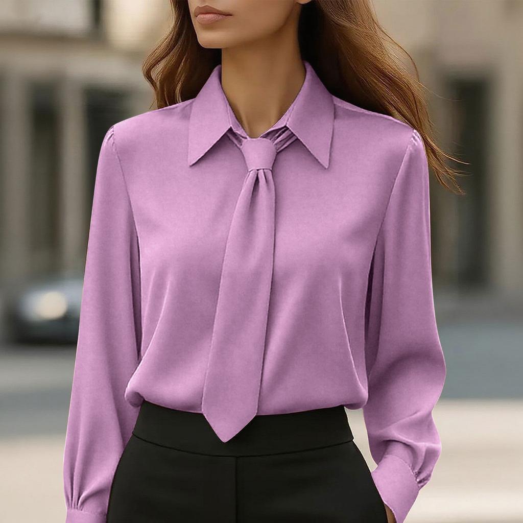 Women's Fashion -Color Button-Down Tie-Front Long-Sleeve Shirt Loose-Fit Top