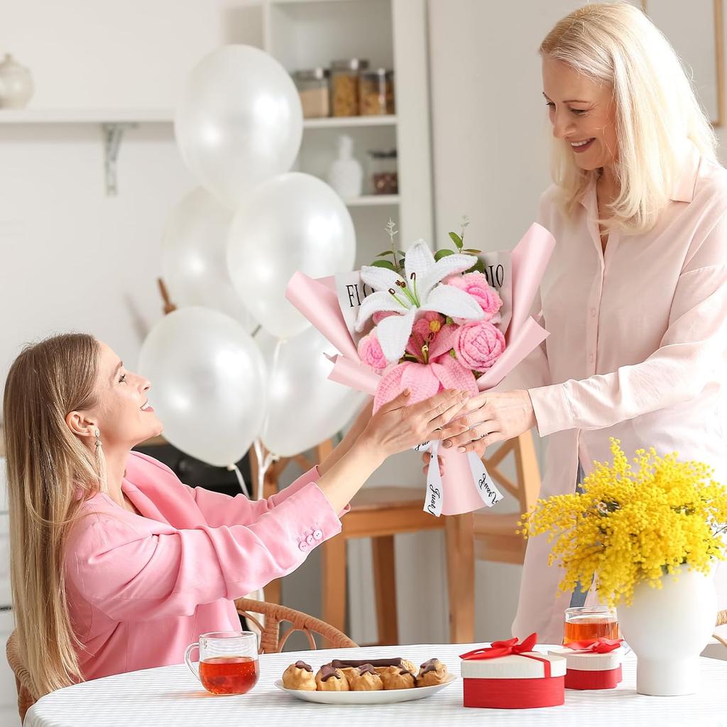 Crochet Flowers Crochet Flower Bouquet with Greeting Card Finished Handmade Knitted Flowers Roses & Lily Bouquet for Mother's Day Valentines Day