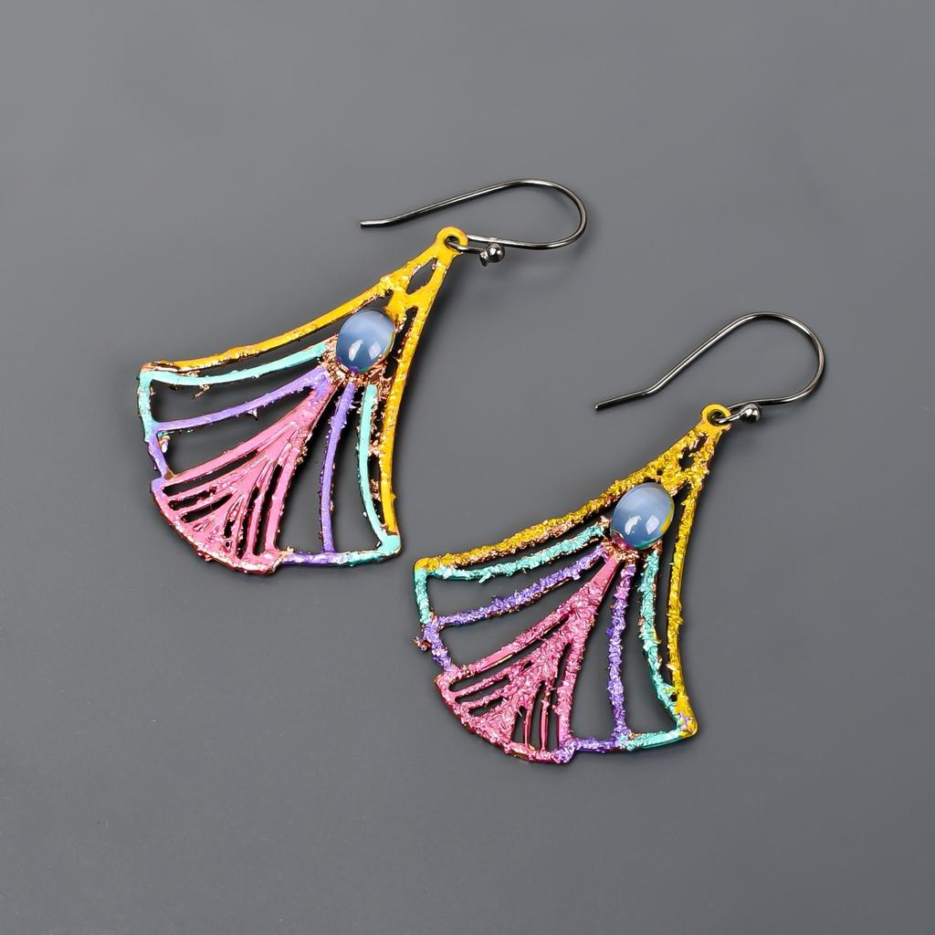 Natural Blue Cats Eye Silver Plated Drop Dangle New Multi Electroformed Earrings V-89