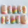 24PCS Short Square False Nails Sweet 3D Strawberry Flowers Design Fake Nails for Women Pink Plaid Lace with Pearl Nails Press On