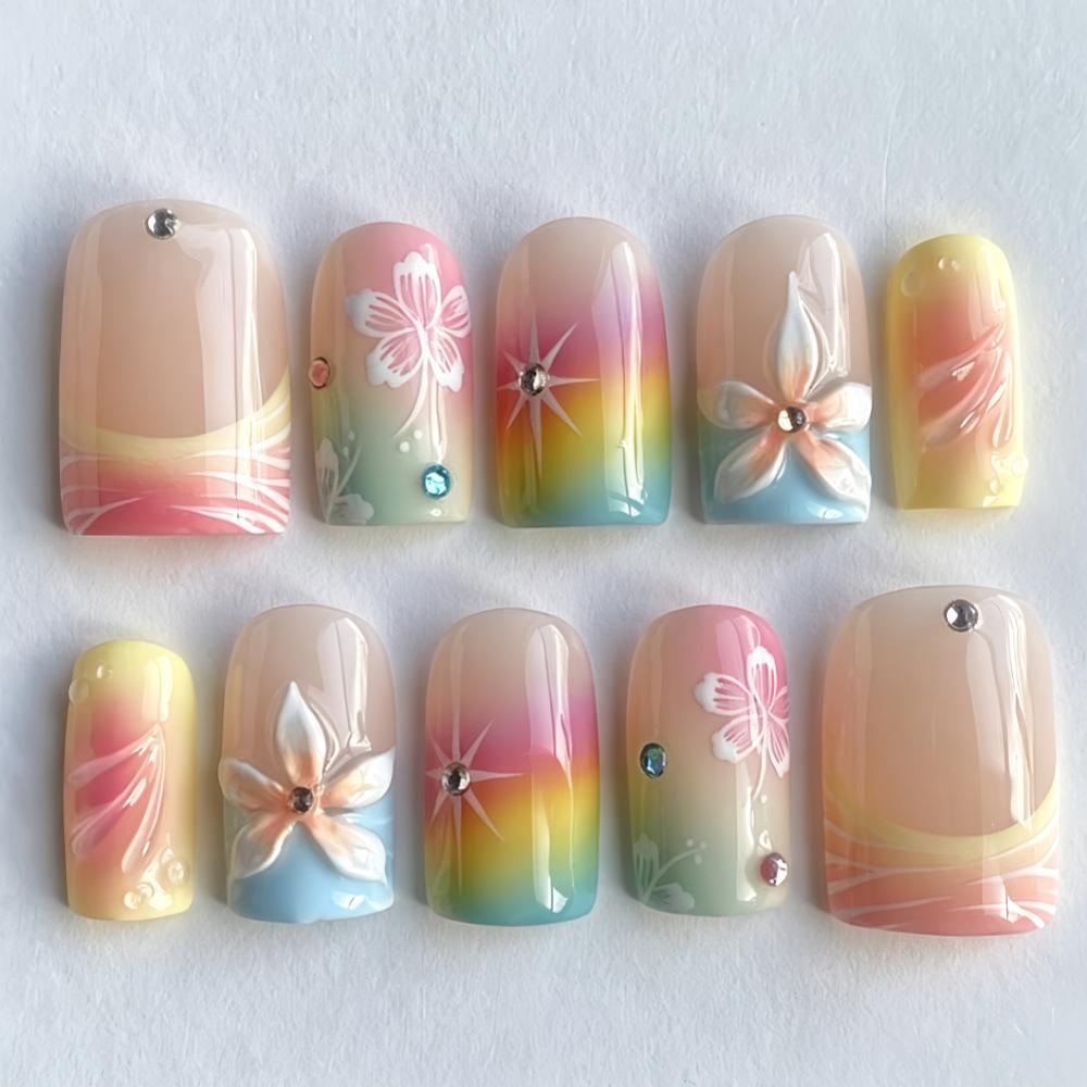 24PCS Short Square False Nails Sweet 3D Strawberry Flowers Design Fake Nails for Women Pink Plaid Lace with Pearl Nails Press On