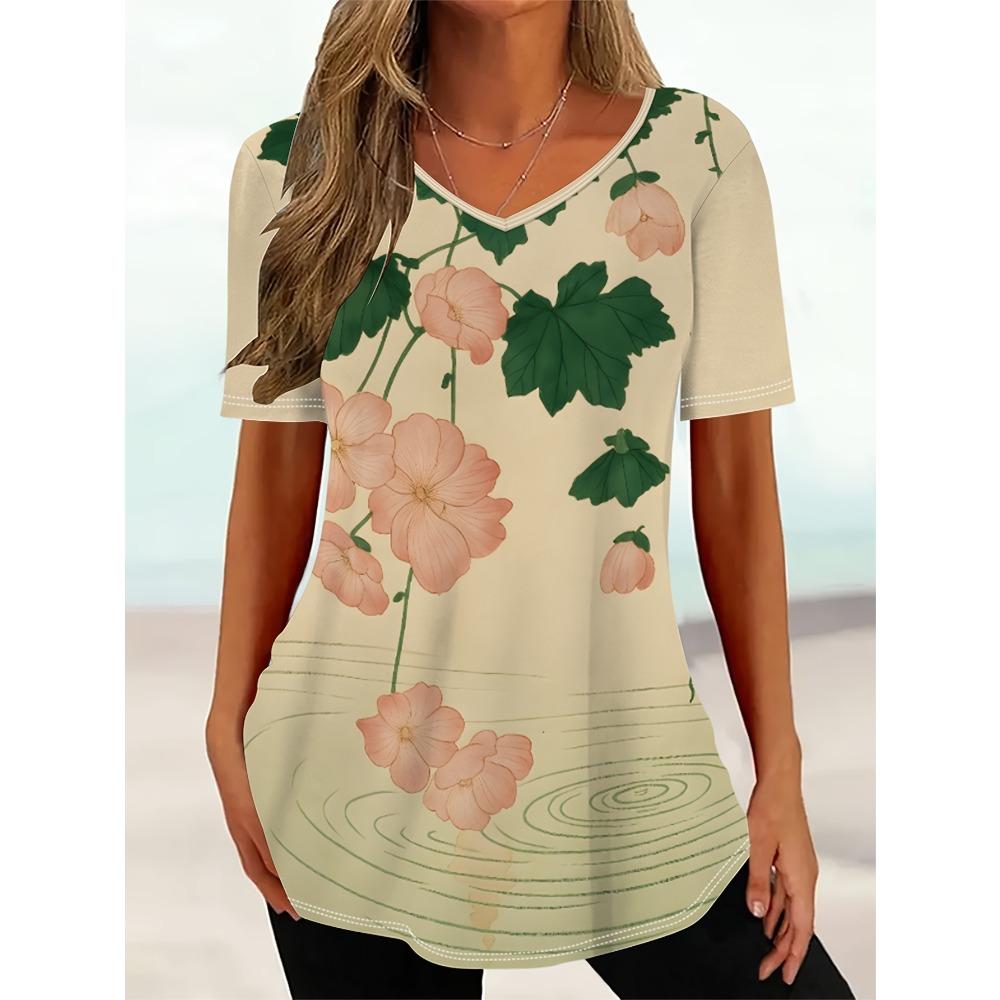 Summer Women's Casual V-neck Short Sleeved T-shirt Strawberry Flowers 3D Printing Fashionable Comfortable Breathable Loose Sports Versatile T-shirt