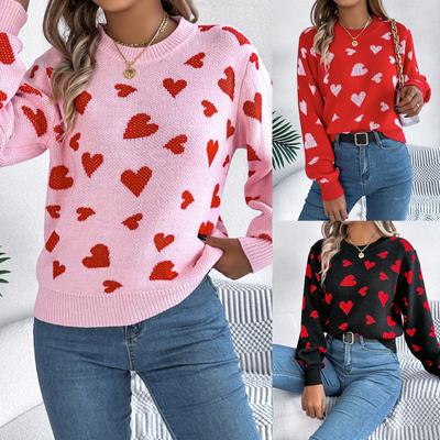 Women Casual Loose Sweater Long Sleeve Crew Neck Heart Print Knit Pullover Sweater Fall Winter Sweatshirt