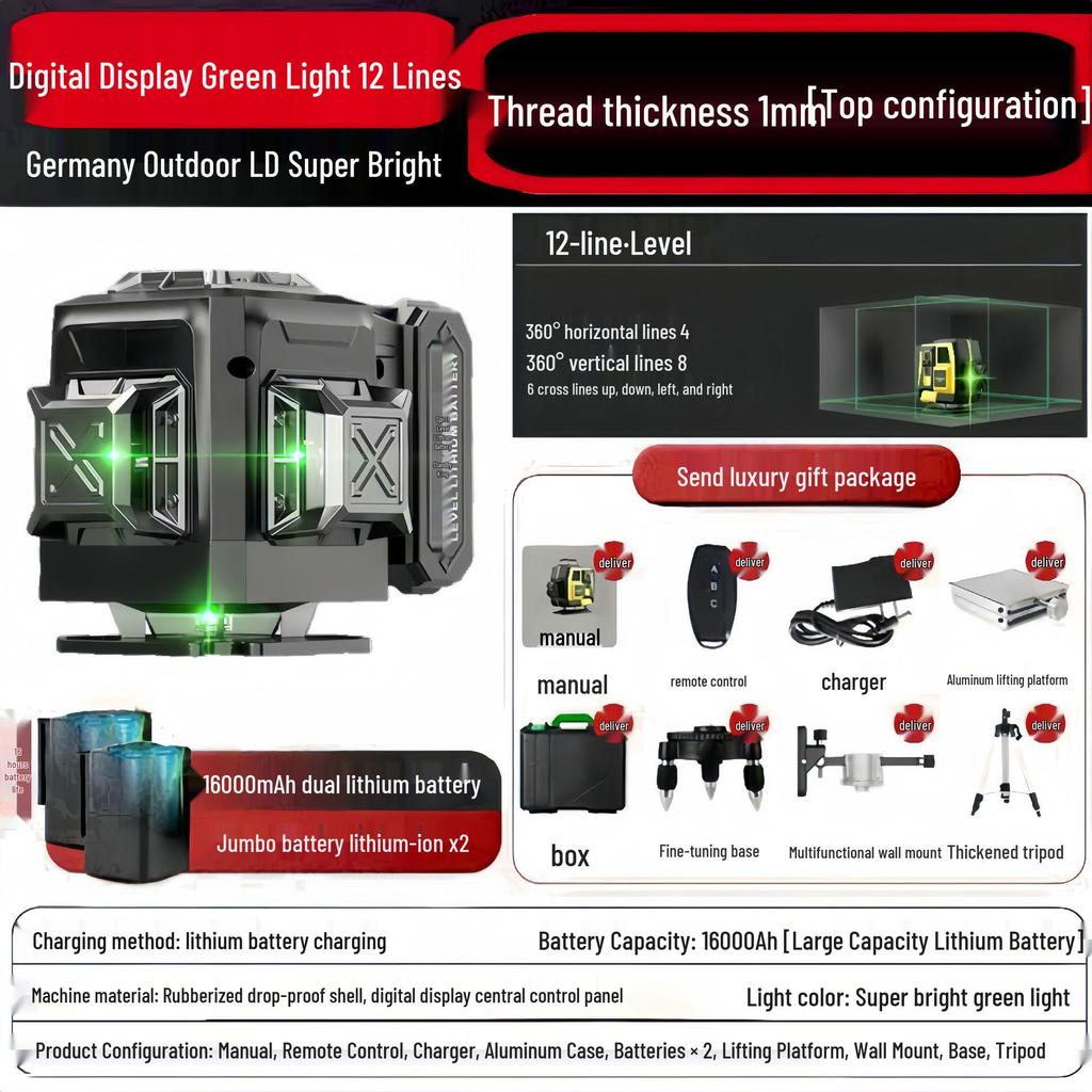 12-Line High-Precision Green Laser Level, Wall/Floor-Mounted, Automatic Leveling for Indoor/Outdoor Use