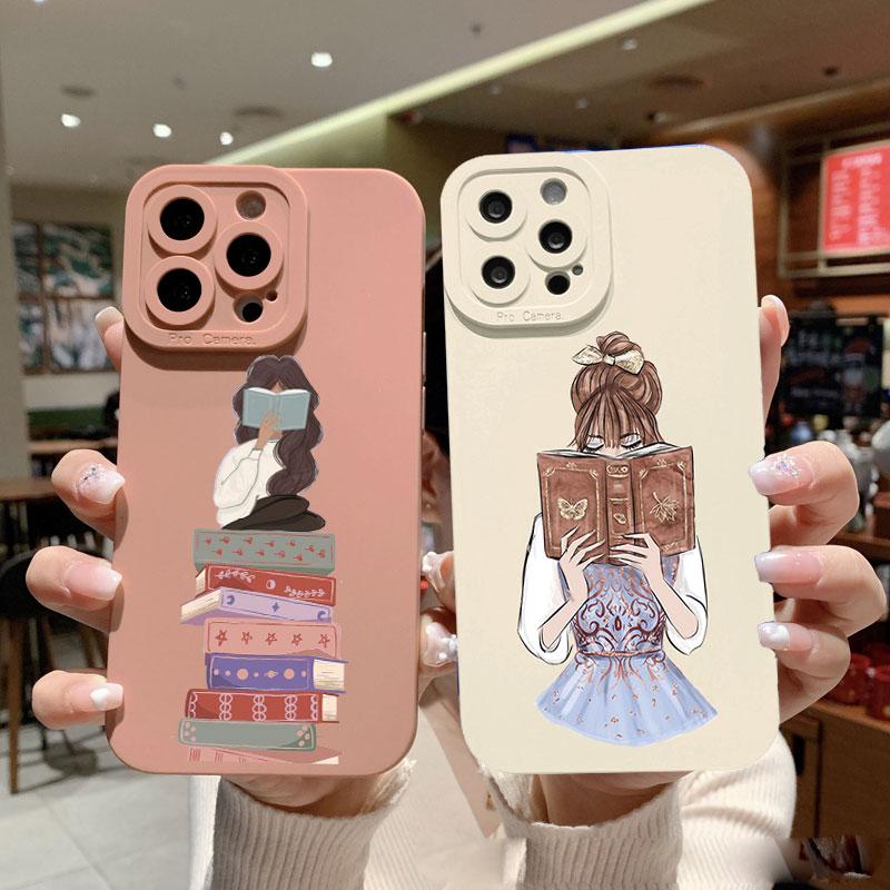 Read Book And Coffee Girl Phone Case Cute Cover for Iphone 7 8 Plus SE 2020 13 14 12 11 Pro Max X XS XR Soft Silicone Back Cover