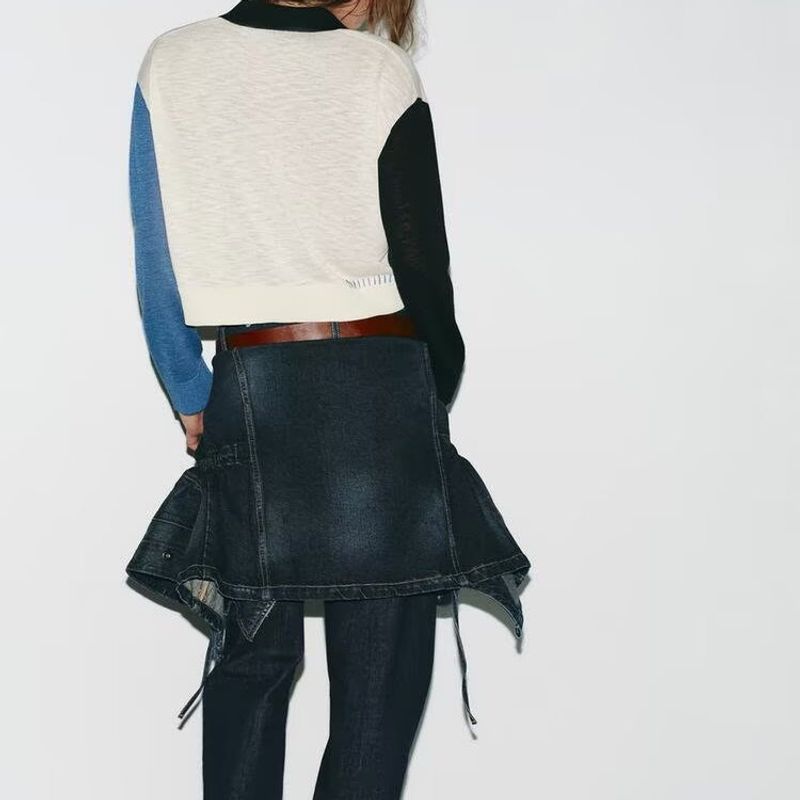 Za Autumn New Women Clothes 2025 Western Style Straight Contrast Color Flip Collar Long Sleeve Knitted Outerwear 3920795