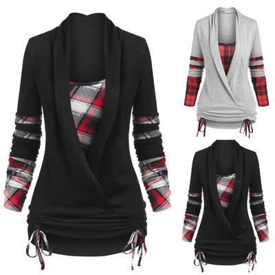 Women Fashion Casual Plaid Print Round Neck Stitching Long Sleeved Rope Top