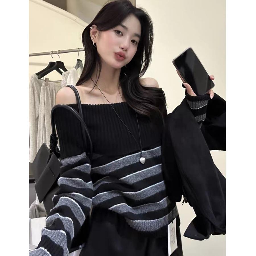 2026Fashion Chic Striped Off Shoulder Sweater Vintage Long Sleeve Knit Top Loose Korean Pullover Y2k Streetwear Warm Winter Sweaters Sweet Clothing