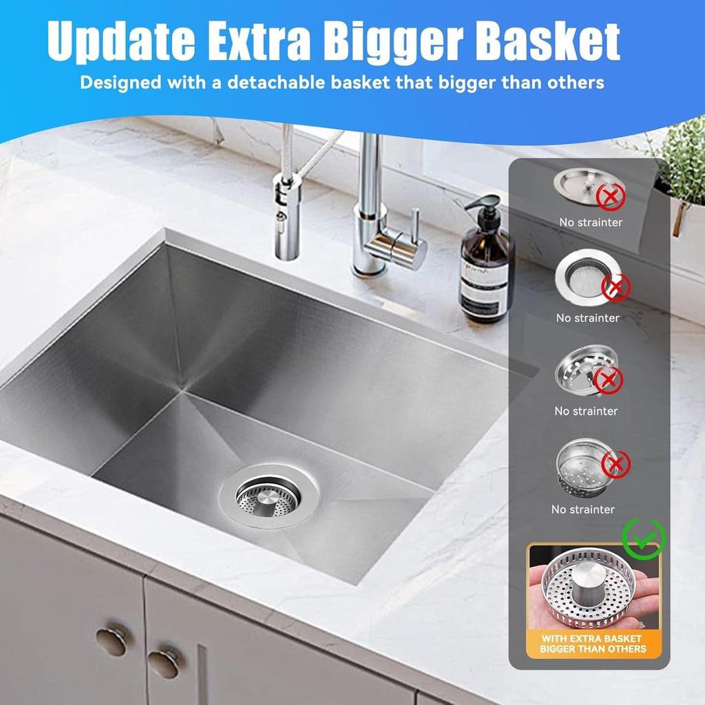 3 In 1 Sink Strainer Stopper - Kitchen Sink Stopper with Upgraded Bigger Basket, 304 Stainless Steel Anti-Clogging Drain Strainer for US Kitchen