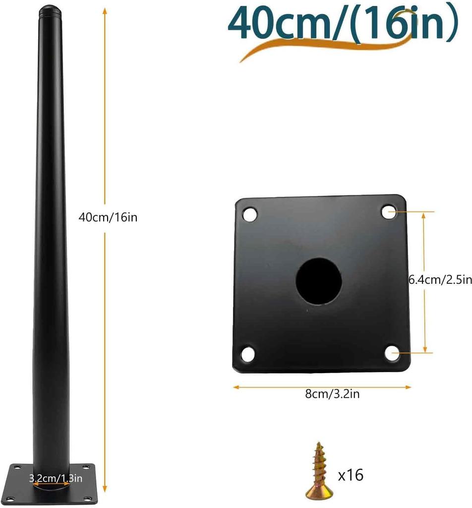 7Akiranoai Set of 4 Right Cone Table Legs, 40cm, Iron Legs, Screws Included, Suitable for Cabinet, Table, and Chair Furniture.