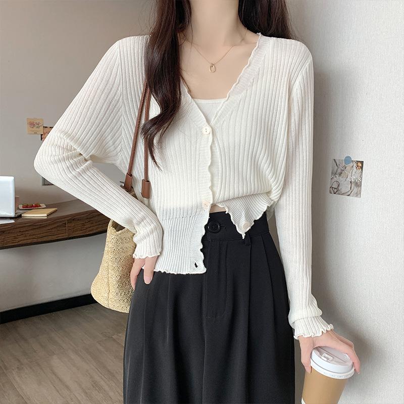 Baby blue ice silk knitted sunscreen cardigan women's summer fungus edge shawl Korean thin small coat top