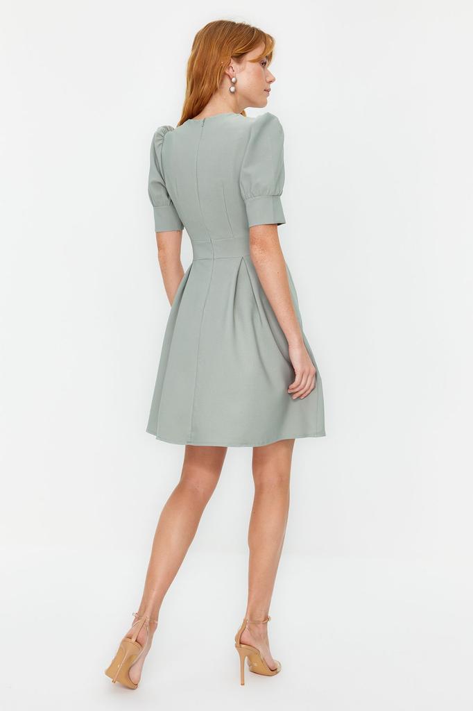 Women's Style Dress Black Double Breasted Neck Skater Mini Woven Dress with Opening Waist