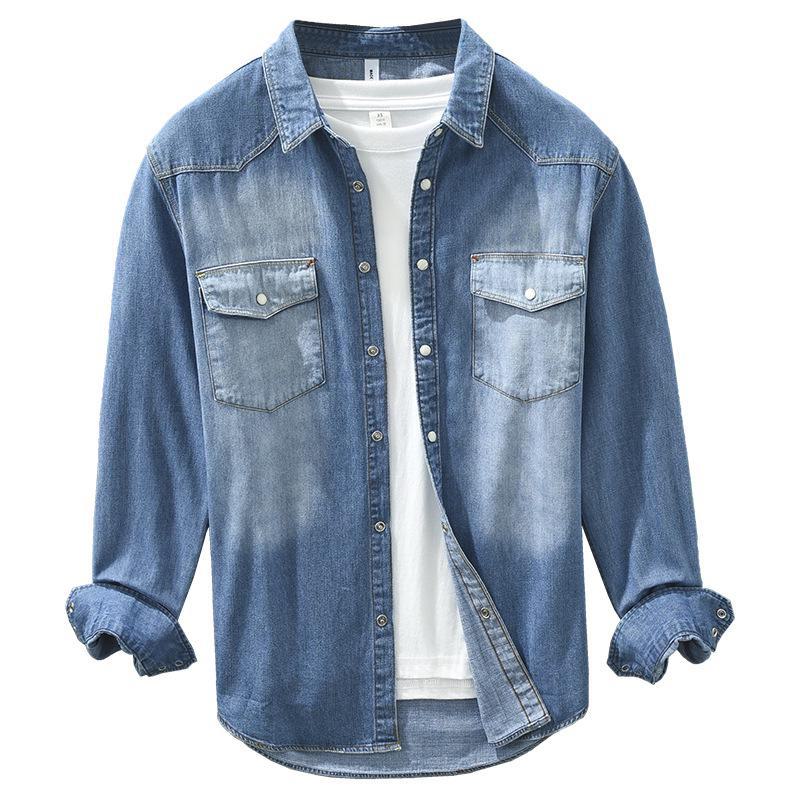 Japanische Retro-Farbverlauf-Denim-Langarm-Herren-Freizeithemdjacke