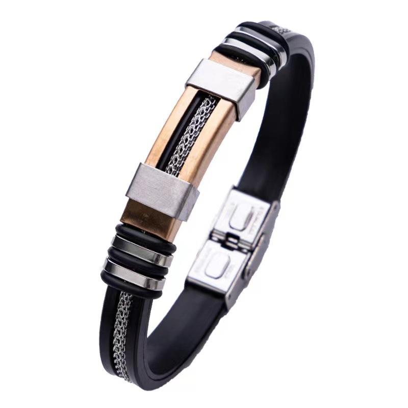 Men's Black Silicone Bracelet with Stainless Steel Accents Chain Fashion Casual Magnetic Clasp Accessory for Daily Wear
