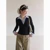 iiiamx Women's Faux Two-Piece Striped Long Sleeve Polo Shirt