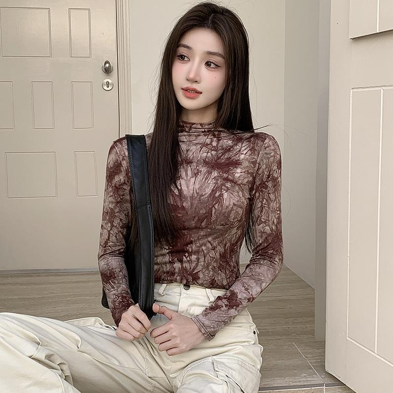 8 ink bottoming shirt women's retro trend versatile semi-turtleneck gradual change tie-dye printing women's spring and autumn tops