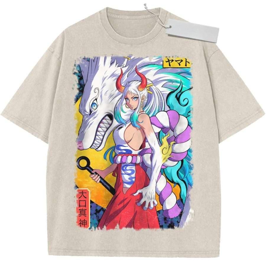 Vintage Washed Pink TShirt One Piece Anime Yamato White Wolf Print Oversize Streetwear Top Casual Daily Wear