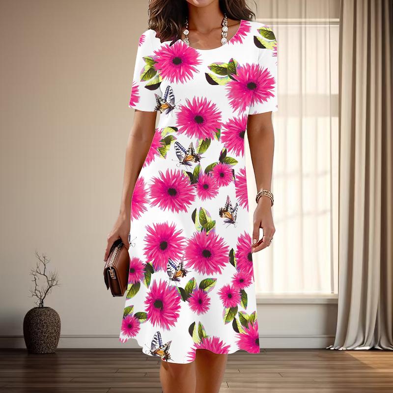 Women's Fashion Graceful Flower Print Summer Spring Short Sleeve O-Neck Casual Dresses