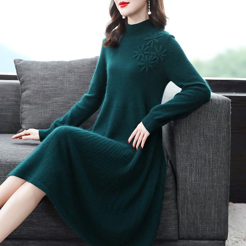 Mid-length Knitted Dress for Women Autumn and Winter Fashionable Embroidered Sweater Dress Solid Color Half Turtleneck Pullover