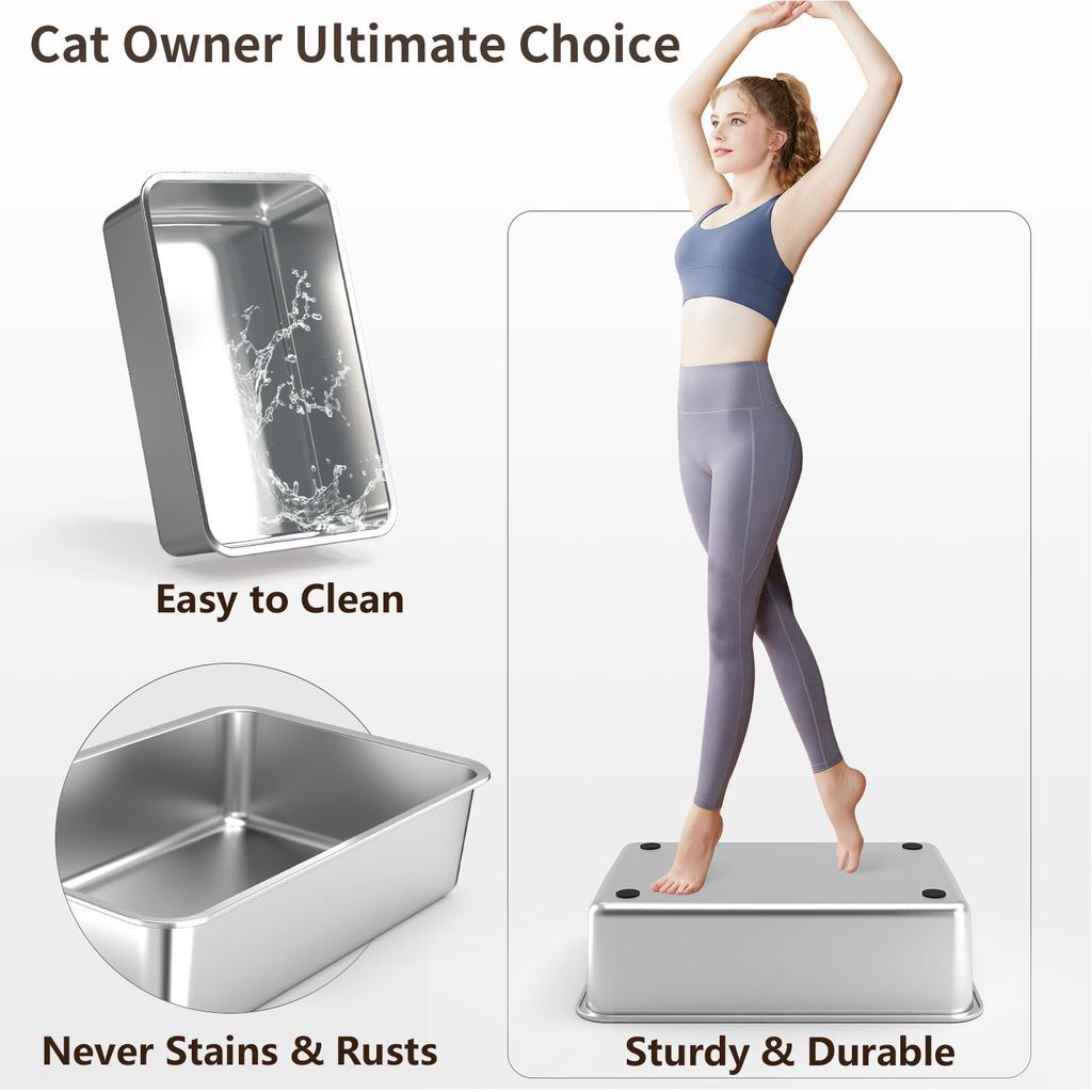 Stainless Steel Cat Litter Box Open Top Scratchproof Anti Stick Metal High Sides Litter Pan Cat Toilet with Scoop