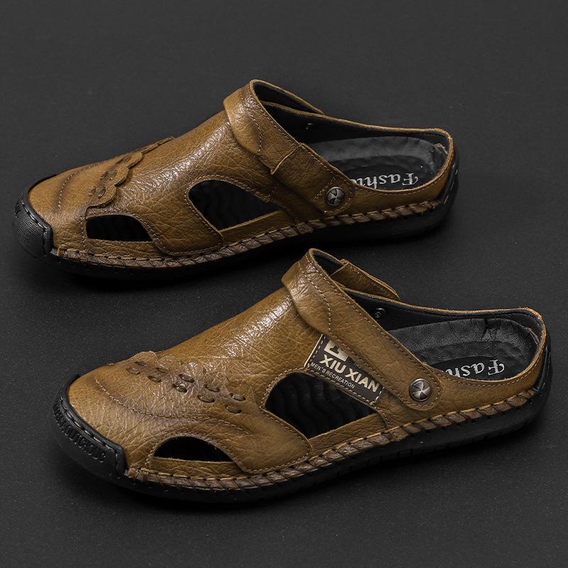 

Мужские сандалии и шлепанцы из натуральной кожи с закрытым носком - Летние, для улицы, пляжные, повседневные, доступны большие размеры 48 хаки