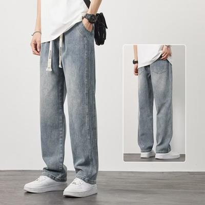 Herren Sommer Jeans Elastische Taille Verstellbarer Kordelzug Denim Hose mit Taschen Einfarbig Gerade Weites Bein Freizeithose