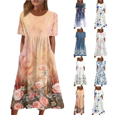 Women's Casual Dresses Printed Dresses Summer Dresses Printed Pleated O-Neck  Loose Dresses