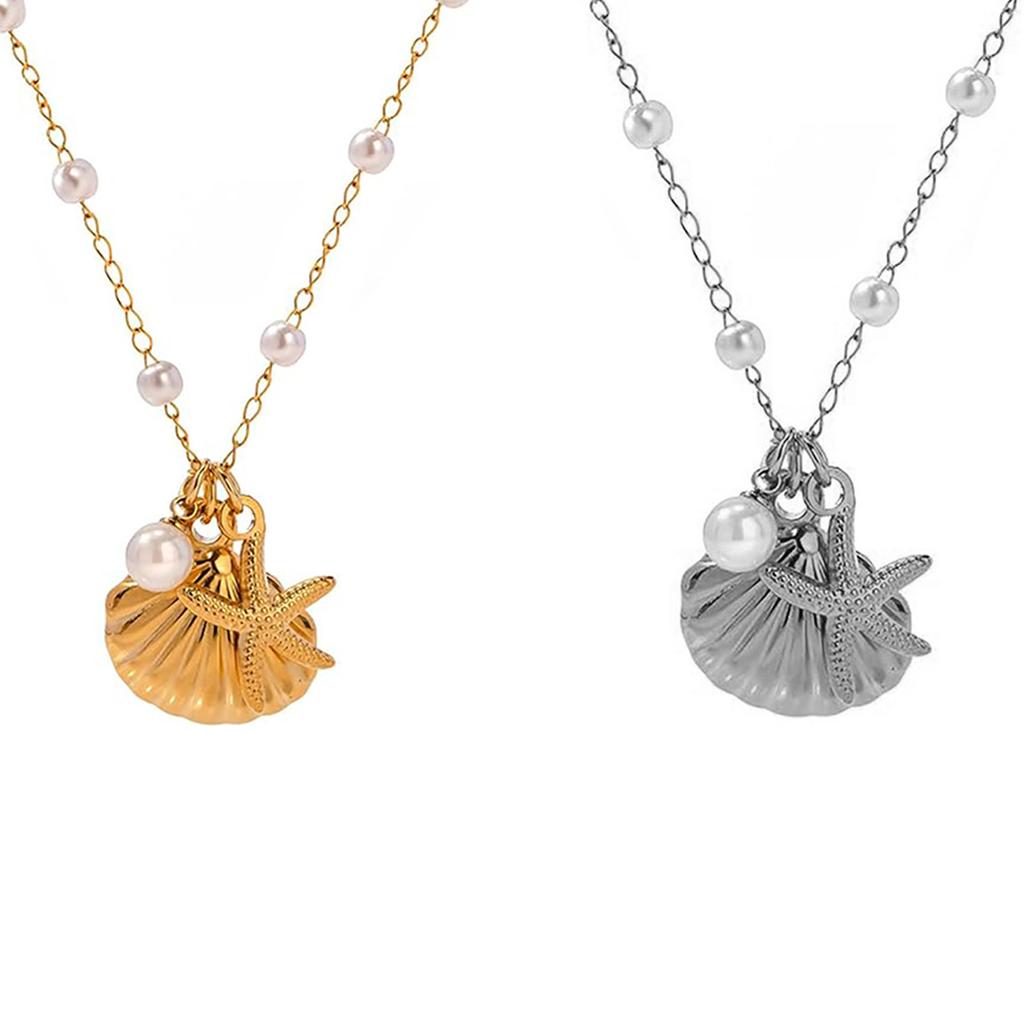 Starfish and Seashell Necklace Stylish Pendant Earrings Gold Sea Theme Jewelry Titanium Steel Texture for Any Occasion