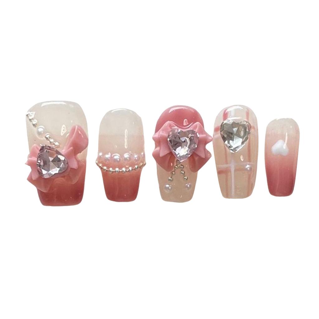 10Pcs Pink Plaid Short Stiletto Handmade False Nails For Women