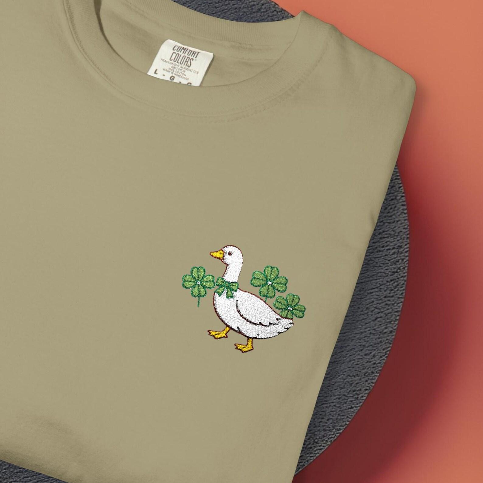 Comfort Colors Lucky Goose Embroidered T shirt, Goose with Three Clovers Shirt, Clover Shirt Gift for St Patrick’s Day 3XL