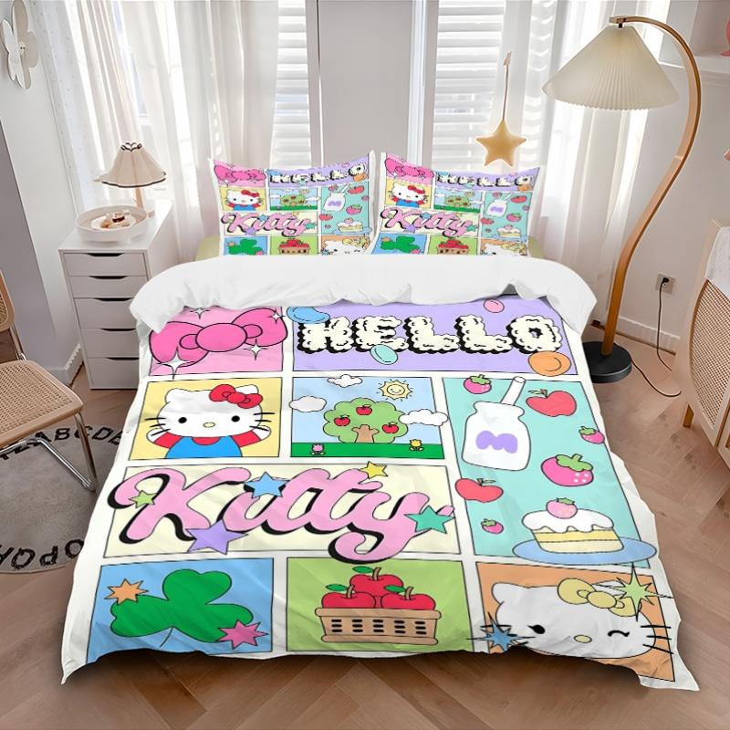 3pcs Hello Kitty's Whimsical World Printed Quilt Set - Includes 1 Quilt Cover and 2 Pillowcases, Machine Washable - Suitable for All Seasons.H054