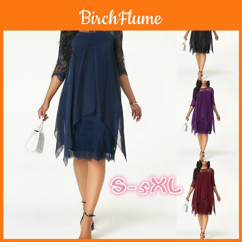 Elegante Abito Lungo in Pizzo da Donna Taglie Forti con Sovrapposizione e Maniche a Tre Quarti