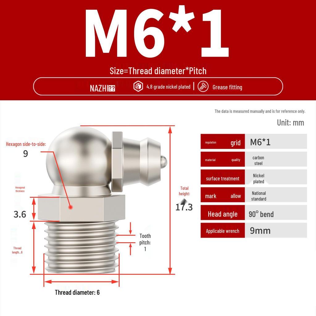 Nickel-Plated Iron Bent Grease Nipple Grease Gun Head M6-M14 G1/8