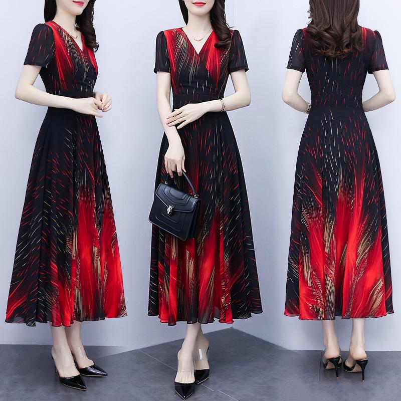 

Платье Ice Silk средней длины, летнее, большого размера, для женщин среднего возраста, с французским принтом и V-образным вырезом на талии 5XL красный