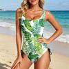 Women Swimsuit Printed Bathing Suit Scoop Neck Adjustable Side Drawstring Athletic Swimwear