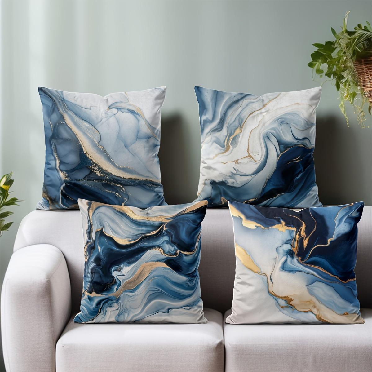 

4pcs Blue Marble Pillow Covers 45x45cm Abstract Fluid Art with Gold Veins on White Base for Sofa Bed Decor Cotton Blend 35x35cm 4pcs
