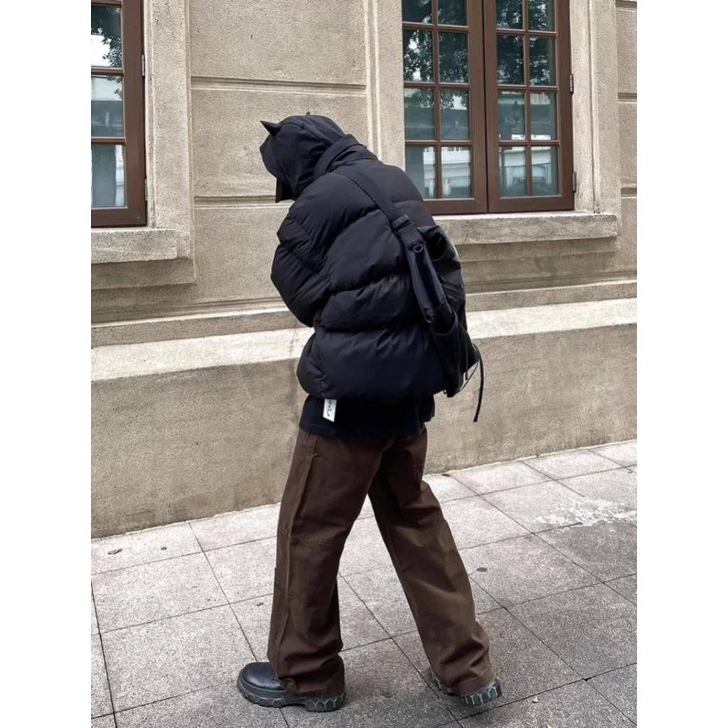 Cotton-Padded Hip Hop Parkas Men Devil Horns Winter Hooded Down Jacket Retro Y2K Thicken Puffer High Street Loose Bubbles Coats