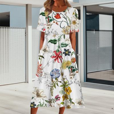 Yousheng Damen Sommer Kurzarmkleid Lässig Geblümtes Rundhals Midi-Kleid mit Taschen Fließendes A-Linien Strand-Sommerkleid