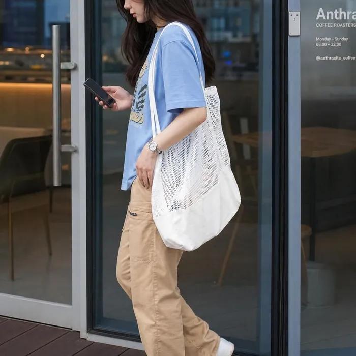 Aesthetic Linen Cotton Semi-Mesh Shoulder Bag Summer Net Bag Eco Bag