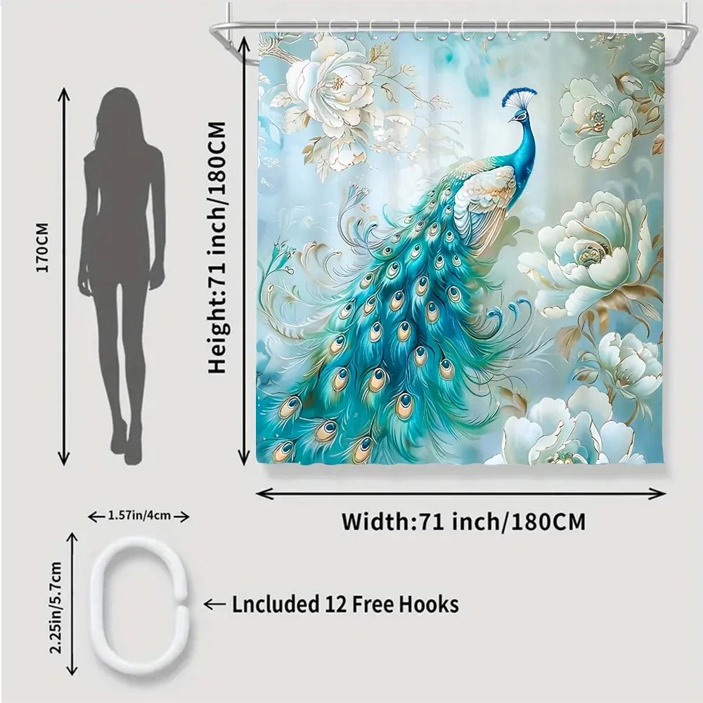 4pc Peacock pattern bath curtain set, 2D flat printing bathroom partition curtain, modern home curtain decoration